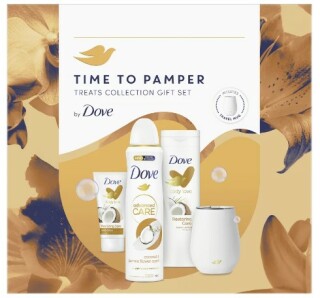 Dove Time To Pamper dámský kosmetický set ( antiperspirant 150 ml + tělové mléko 250 ml + krém na ruce 75 ml + cestovní hrnek )