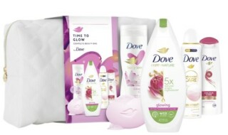 Dove Glow dámský kosmetický set ( sprchový gel 225 ml + tělové mléko 250 ml + tuhé mýdlo 90 g + šampon 250 ml )