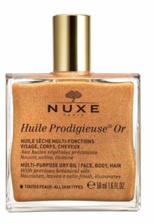 Nuxe Huile Prodigieuse Suchý multifunkční olej se třpytkami 50 mls
„Zlatá“ verze Huile Prodigieuse® s jemnými třpytkami - Gold Huile Prodigieuse®, která delikátně rozjasní obličej, tělo i vlasy. 
Okamžitá hydratace, rozjasnění.7 vzácných olejů: Tsubaki, m