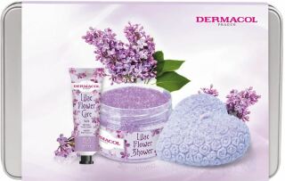 Dermacol  Flower Lilac Care dárková sada (tělový peeling 200 g, krém na ruce 30 ml, vonná svíčka 130 g)